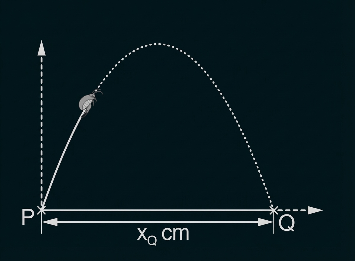 Skizze: parabolische Flugbahn eines Käfers von Punkt P zu Q mit markierter horizontaler Strecke x_Q cm